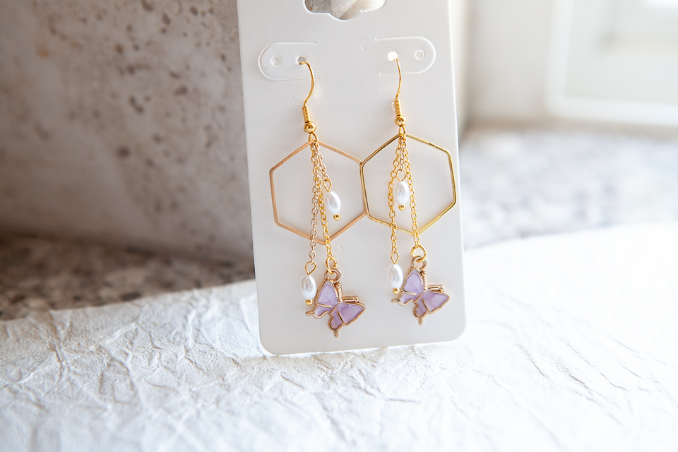 Hexagon Pearl Butterfly Earrings